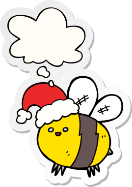 Bir insan tarafından çizilmiş, düşünce baloncuklu Noel şapkası takan sevimli çizgi film arısı.