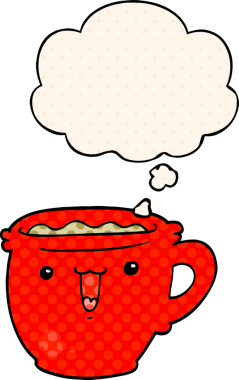 Çizgi roman tarzında bir insan tarafından çizilmiş düşünce baloncuklu şirin çizgi film kahve fincanı.