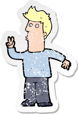 Bir insan tarafından çizilmiş barış işareti veren bir çizgi film karakterinin gerilimli retro yapıştırması