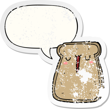 Konuşma balonlu çizgi film tostu bir insan tarafından çizilmiş sıkıntılı eski bir çıkartma