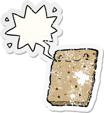 Konuşma balonlu çizgi film bisküvisi bir insan tarafından çizilmiş sıkıntılı eski bir çıkartma