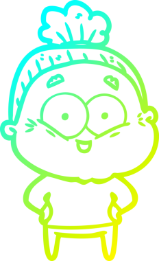 Bir insan tarafından çizilmiş, mutlu, yaşlı bir kadının çizimi.