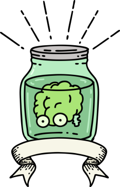 Bir insan tarafından çizilmiş kavanozda dövmeli beyin olan parşömen.