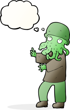 Bir insan tarafından çizilmiş düşünce baloncuğu olan uzaylı bir adam.