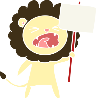 Düz renkli çizgi film aslanı. Protesto işareti insan tarafından çizilmiş.