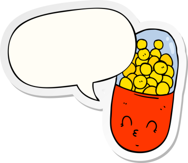 Bir insan tarafından çizilmiş konuşma balonu çıkartmalı çizgi film hapı.