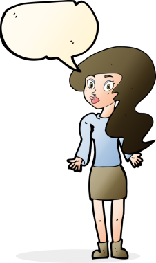 Bir insan tarafından çizilmiş konuşma baloncuğuyla omuz silken çizgi film kadını.