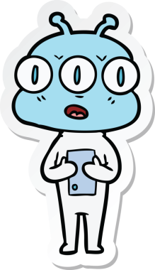 Çizgi film çıkartması. Bir insan tarafından çizilmiş üç gözlü uzaylı.