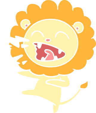 Düz renkli karikatür kükreyen aslan bir insan tarafından çizilmiş.