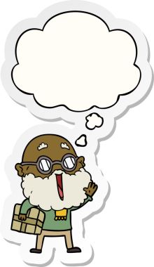 Komik sakallı ve kolunun altında bir insan tarafından çizilmiş bir çıkartma gibi düşünce baloncuğu olan neşeli bir adam.