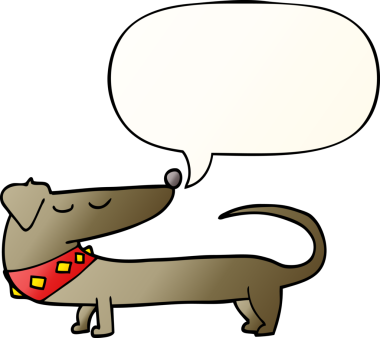 Bir insan tarafından çizilmiş, konuşma baloncuklu çizgi film köpeği.