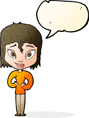 Bir insan tarafından çizilen konuşma baloncuğuyla tatmin olmuş bir kadın.