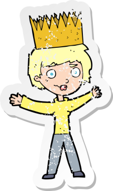 Bir insan tarafından çizilmiş taç giyen bir çizgi film karakterinin sıkıntılı retro çıkartması.