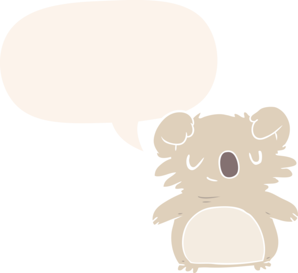 Konuşma baloncuğu olan sevimli çizgi film koalası bir insan tarafından çizilmiş.