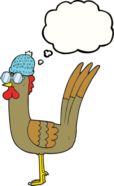 Bir insan tarafından çizilmiş gözlüklü ve şapkalı serbest çizilmiş düşünce balonu tavuğu.