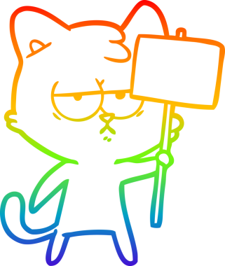 Gökkuşağı gradyan çizgi çizimi sıkılmış çizgi film kedisinin tabela direği bir insan tarafından çizilmiş.