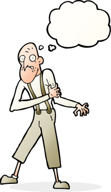 Karikatür ihtiyarı bir insan tarafından çizilmiş düşünce balonuyla kalp krizi geçiriyor.