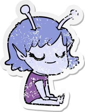 Bir insan tarafından çizilmiş gülümseyen uzaylı kız çizgi filminin sıkıntılı çıkartması.