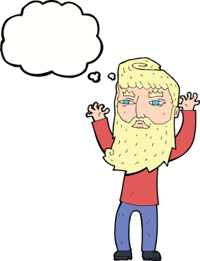 Çizgi film sakallı adam, bir insan tarafından çizilmiş düşünce balonuyla kollarını sallıyor.