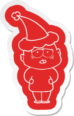 Bir insan tarafından çizilmiş Noel Baba şapkası giyen yorgun kel bir adamın garip çizgi film etiketi.