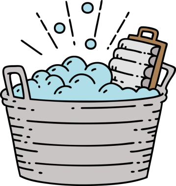 Geleneksel dövme stili eski bir çamaşır tahtası ve bir insan tarafından çizilmiş fırçalama kabı.