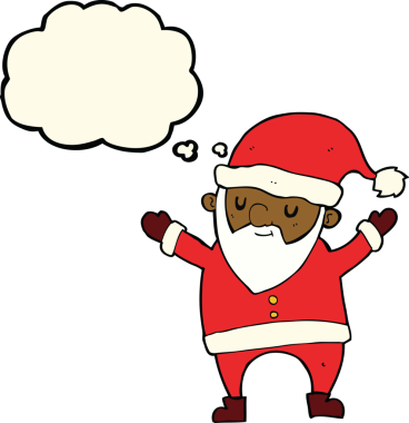 Bir insan tarafından çizilmiş düşünce balonuyla dans eden noel baba çizgi filmi.