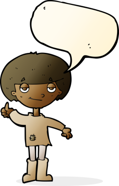 Kötü giyinmiş çizgi filmci çocuk bir insan tarafından çizilmiş konuşma baloncuğuyla baş parmak işareti yapıyor.