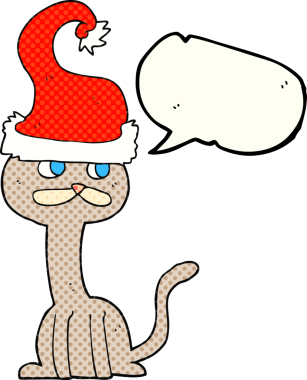 Bir insan tarafından çizilmiş Noel şapkası takan çizgi film kedisi.