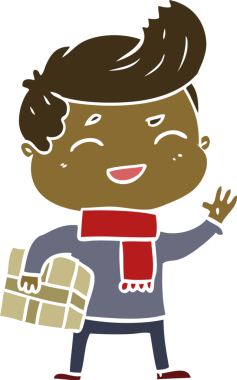 Düz renkli karikatür adam gülerken bir insan tarafından çizilmiş paketi taşıyor.