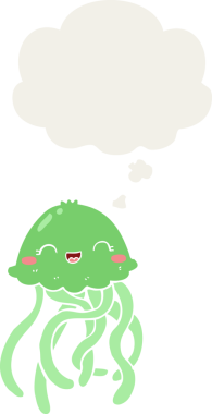 Bir insan tarafından çizilmiş düşünce baloncuğu olan sevimli çizgi film denizanası.