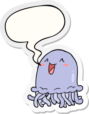 Bir insan tarafından çizilmiş konuşma balonu çıkartmalı mutlu çizgi film denizanası.