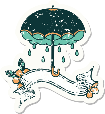 Bir insan tarafından çizilmiş şemsiye ve fırtına bulutlu eski bir etiket.