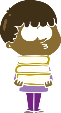 Düz renkli çizgi film meraklısı çocuk. Bir insan tarafından çizilmiş bir sürü kitabı var.