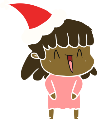 Bir insan tarafından çizilmiş Noel Baba şapkası takan bir kadının düz renkli çizimi.