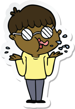 Bir insan tarafından çizilmiş omuz silken gözlüklü çizgi film çocuğu çıkartması.