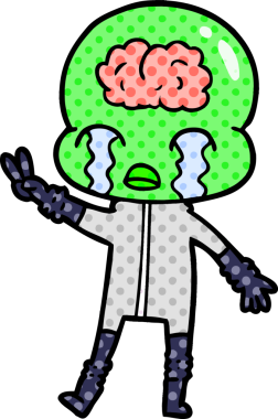 çizgi film büyük beyin uzaylı ağlayan ve bir insan tarafından çizilen barış işareti veren