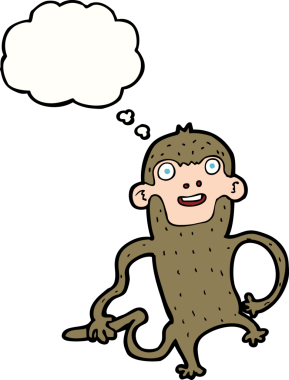 Bir insan tarafından çizilmiş düşünce baloncuklu çizgi maymun.