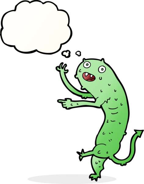 Düşünce baloncuğu insan tarafından çizilmiş küçük iğrenç bir canavar.