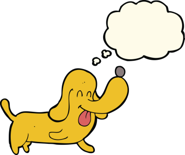 Bir insan tarafından çizilmiş düşünce balonlu mutlu bir köpek.