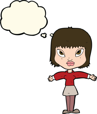 Bir insan tarafından çizilmiş düşünce baloncuğuyla kollarını açmış çizgi film kadını.