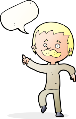 Çizgi filmdeki bıyıklı adam bir insan tarafından çizilmiş konuşma balonuyla işaret ediyor.