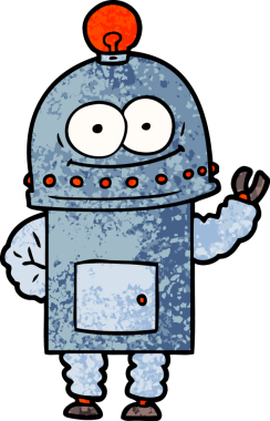 Bir insan tarafından çizilmiş ampullü mutlu karton robot.