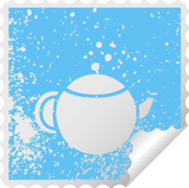 Bir insan tarafından çizilmiş kırmızı çay demliğinin kare soyma etiketi.