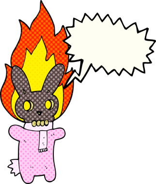 El yazısıyla çizilmiş çizgi roman konuşma balonu karikatürü bir insan tarafından çizilmiş alevli kafatası tavşanı.