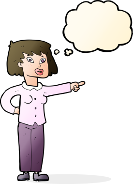 Bir insan tarafından çizilmiş düşünce balonuyla işaret eden çizgi film kadını.