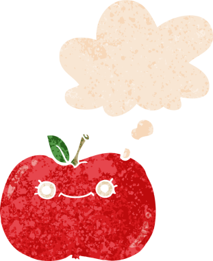 Bir insan tarafından çizilmiş grunge sıkıntılı retro biçimli düşünce baloncuklu şirin çizgi film elması