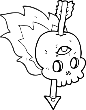 Bir insan tarafından çizilmiş ok ve beyne saplanmış siyah beyaz çizgi film sihirli kafatası