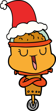 Bir insan tarafından çizilmiş Noel Baba şapkası takan bir robotun çizdiği mutlu el çizimi.