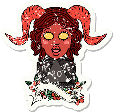 Bir insan tarafından çizilmiş doğal yirmilik zarla süslenmiş grunge çıkartması.