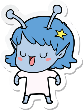 Bir insan tarafından çizilmiş mutlu uzaylı kız çizgi filminin çıkartması.